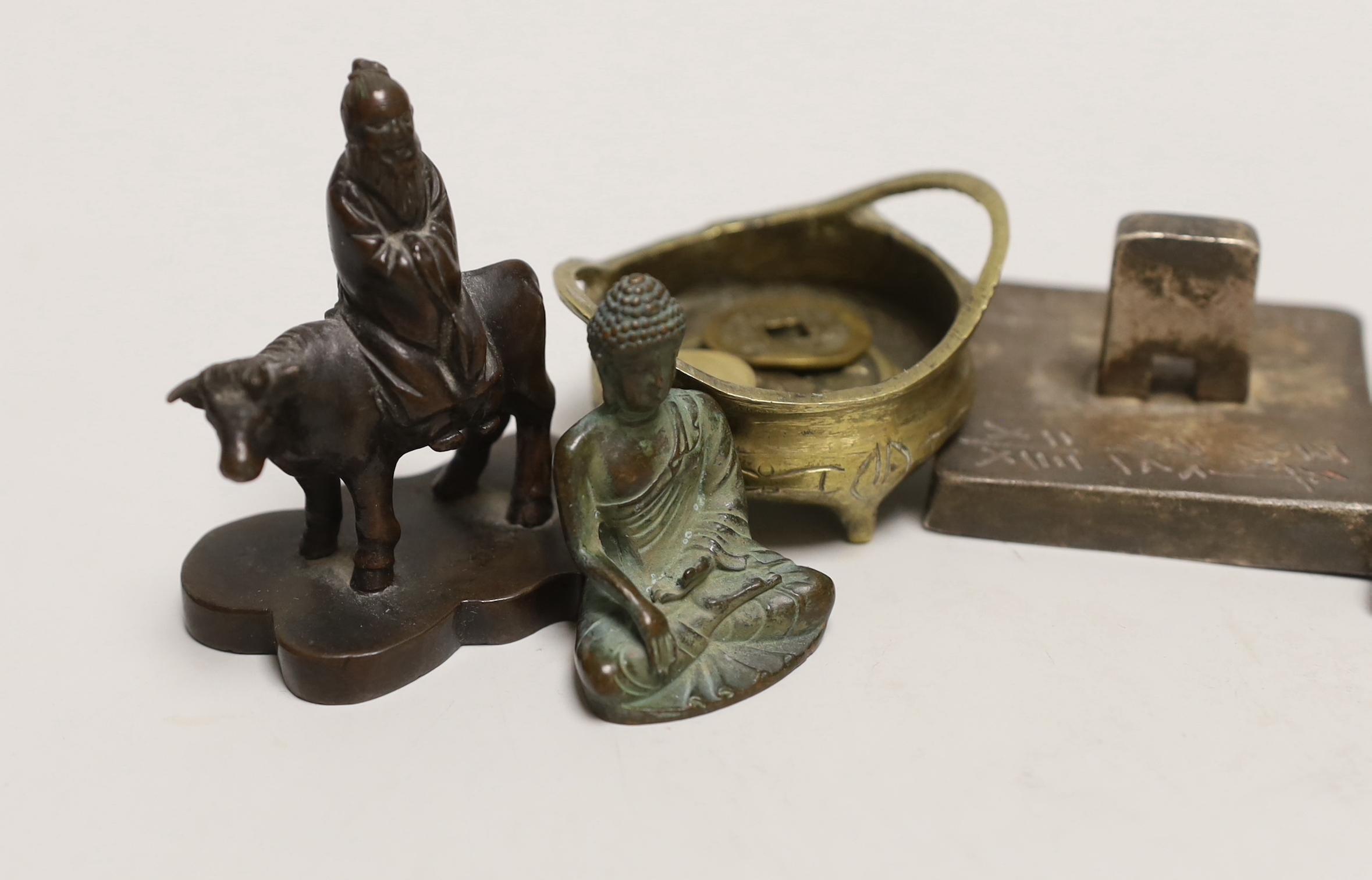 Five Chinese coins, five seals and a miniature censer